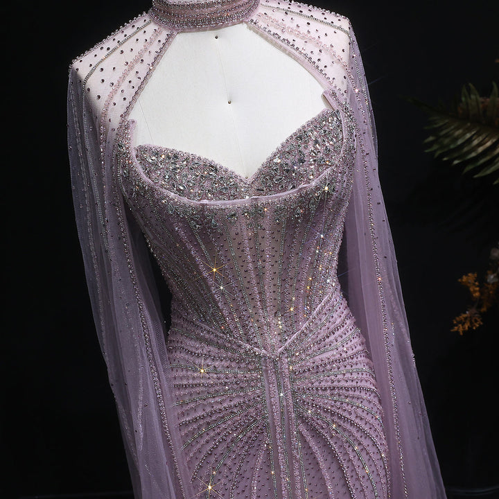 Shimmering Beaded Evening Dress with Cape Train SS156