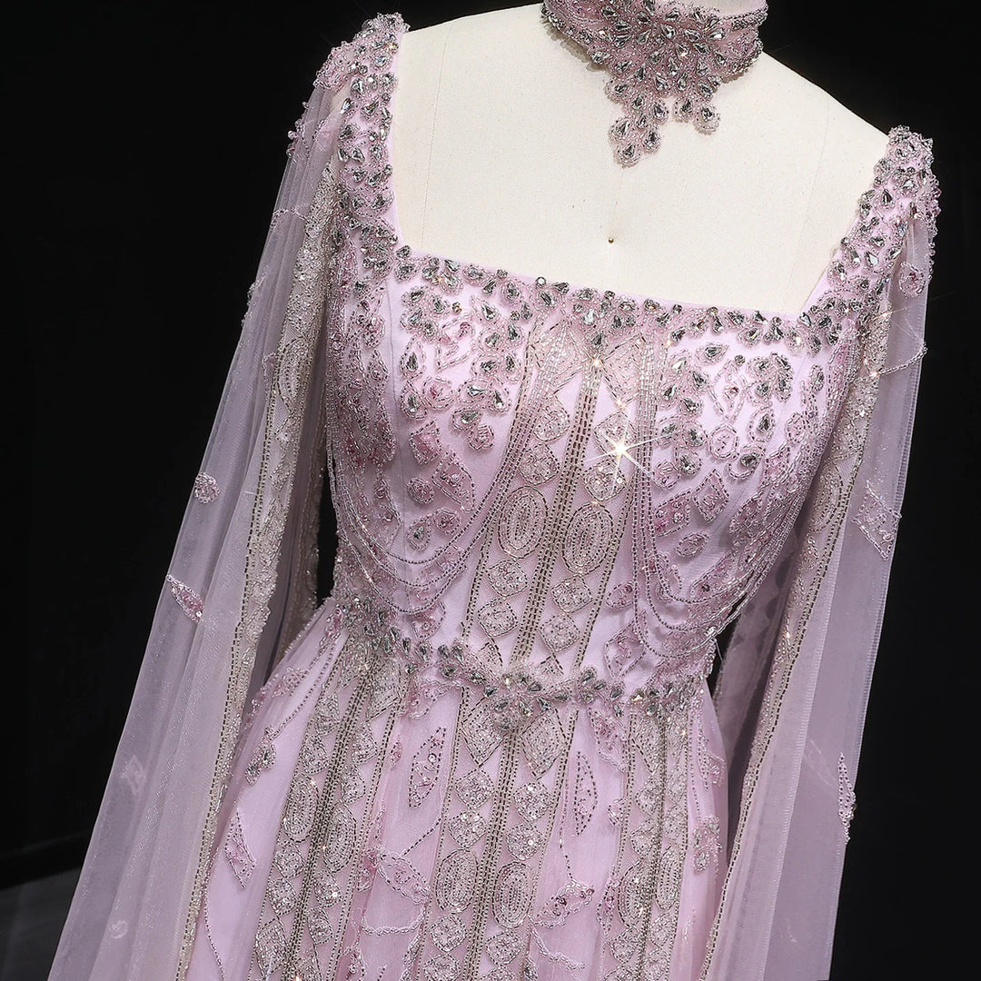 Luxury Nude Evening Dress with Cape Sleeves Chocker SS543