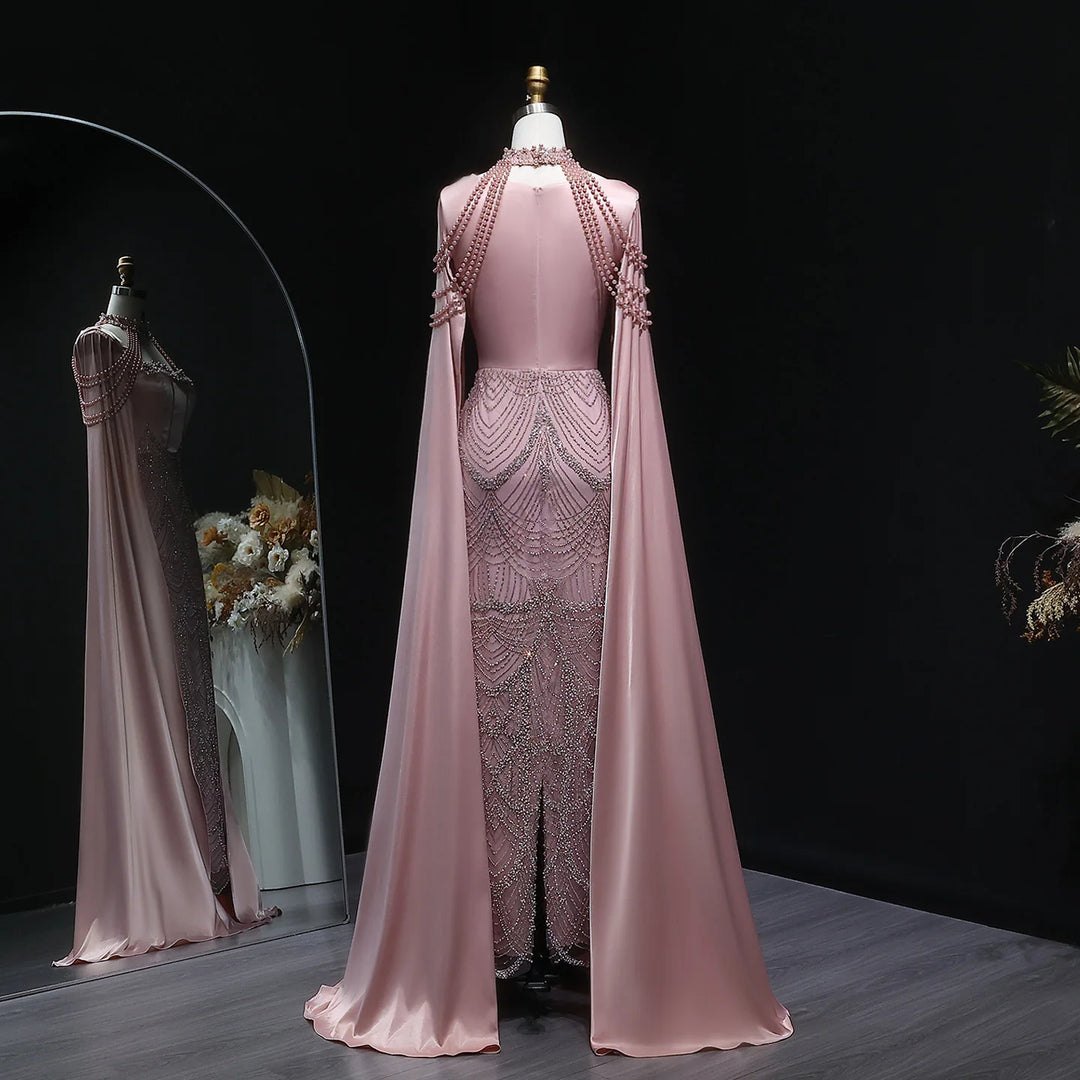 Luxury Pink Beaded Evening Dress with Cape Sleeves SS662