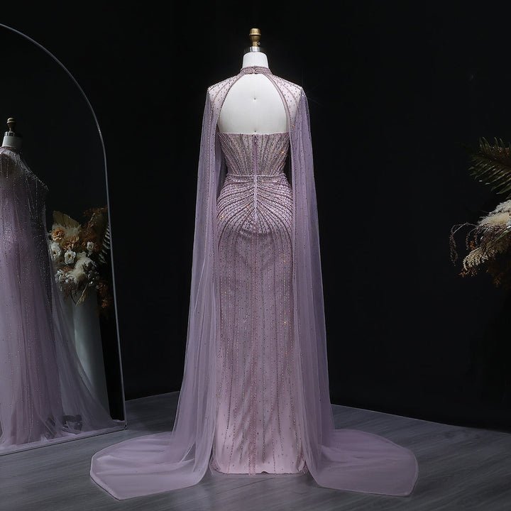 Shimmering Beaded Evening Dress with Cape Train SS156