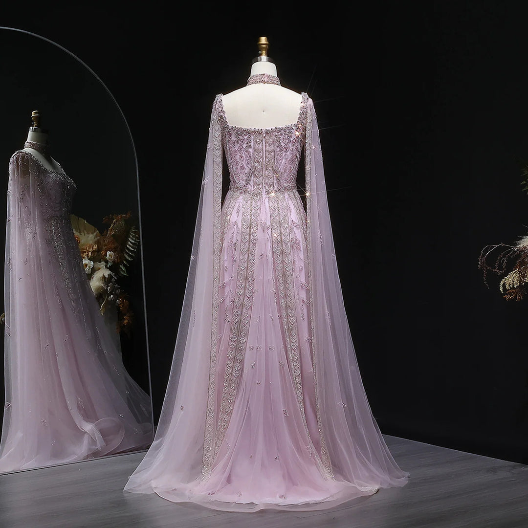 Luxury Nude Evening Dress with Cape Sleeves Chocker SS543