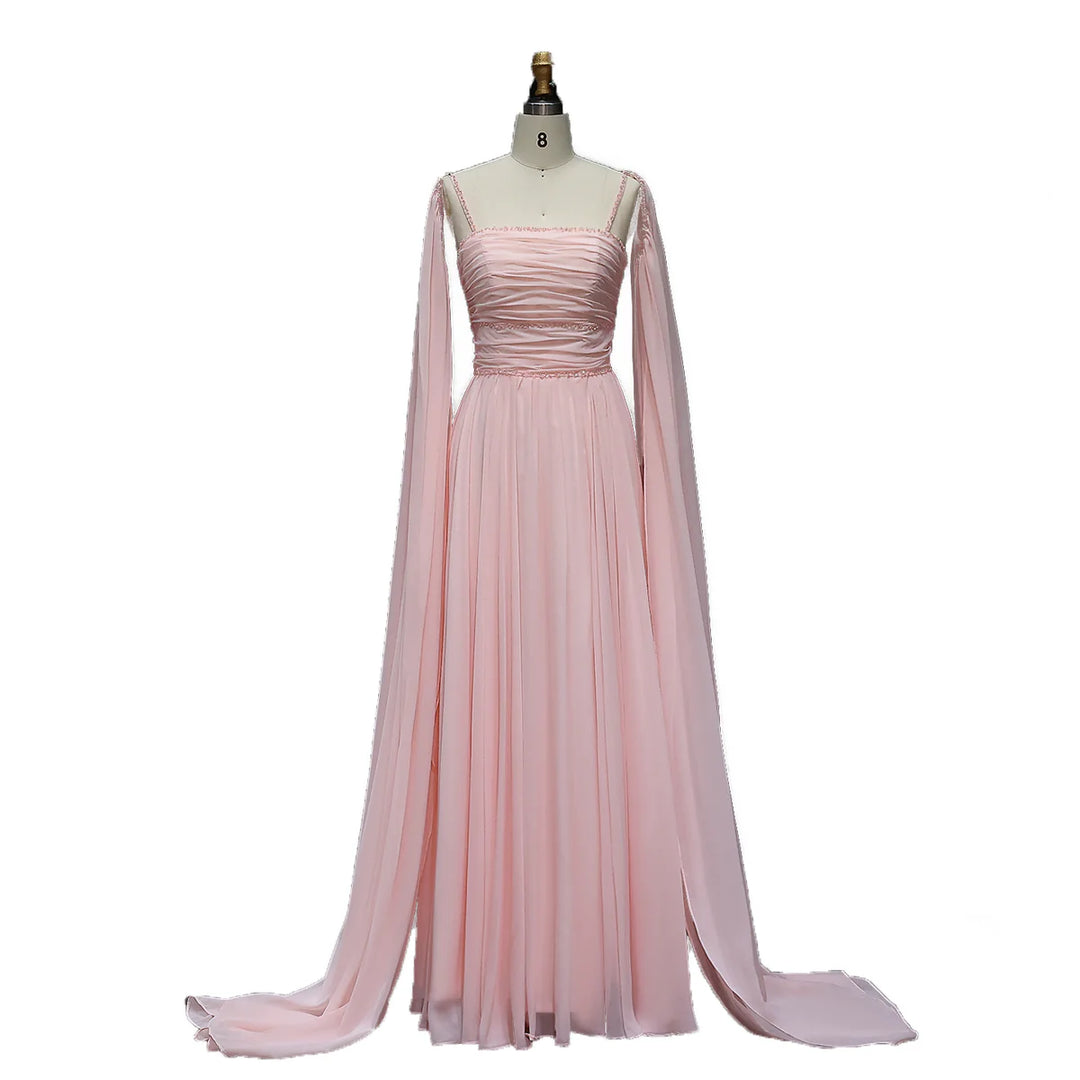 Elegant Pink Chiffon Evening Dress with Flowing Cape Sleeves SF188