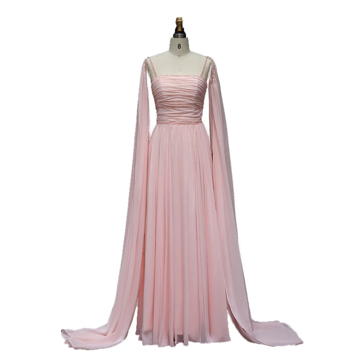 Elegant Pink Chiffon Evening Dress with Flowing Cape Sleeves SF188