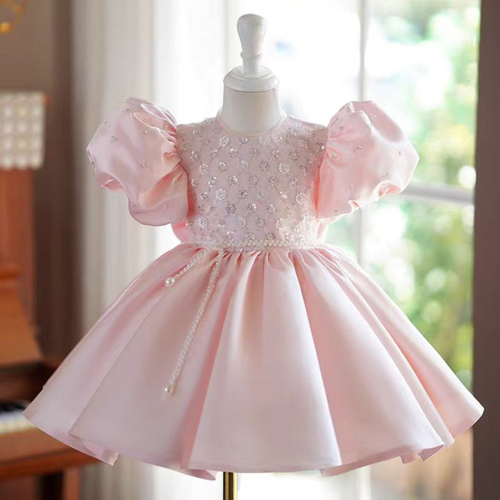 Elegant Pink Beaded Short Flower Girl Dress with Puff Sleeves J754