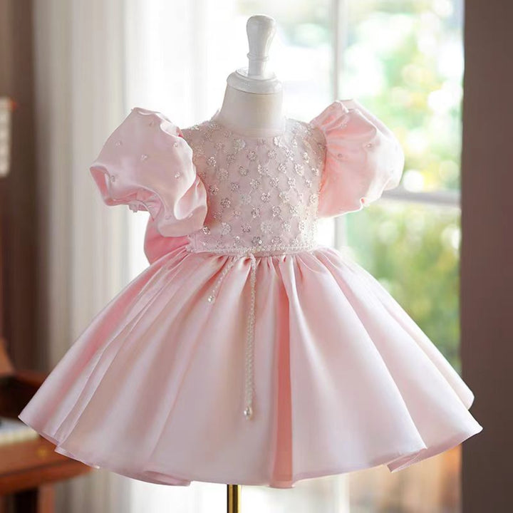 Elegant Pink Beaded Short Flower Girl Dress with Puff Sleeves J754