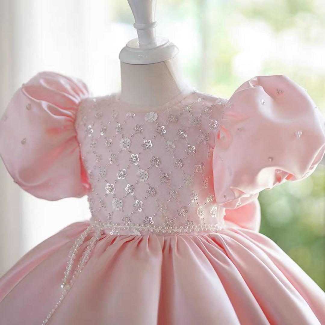 Elegant Pink Beaded Short Flower Girl Dress with Puff Sleeves J754