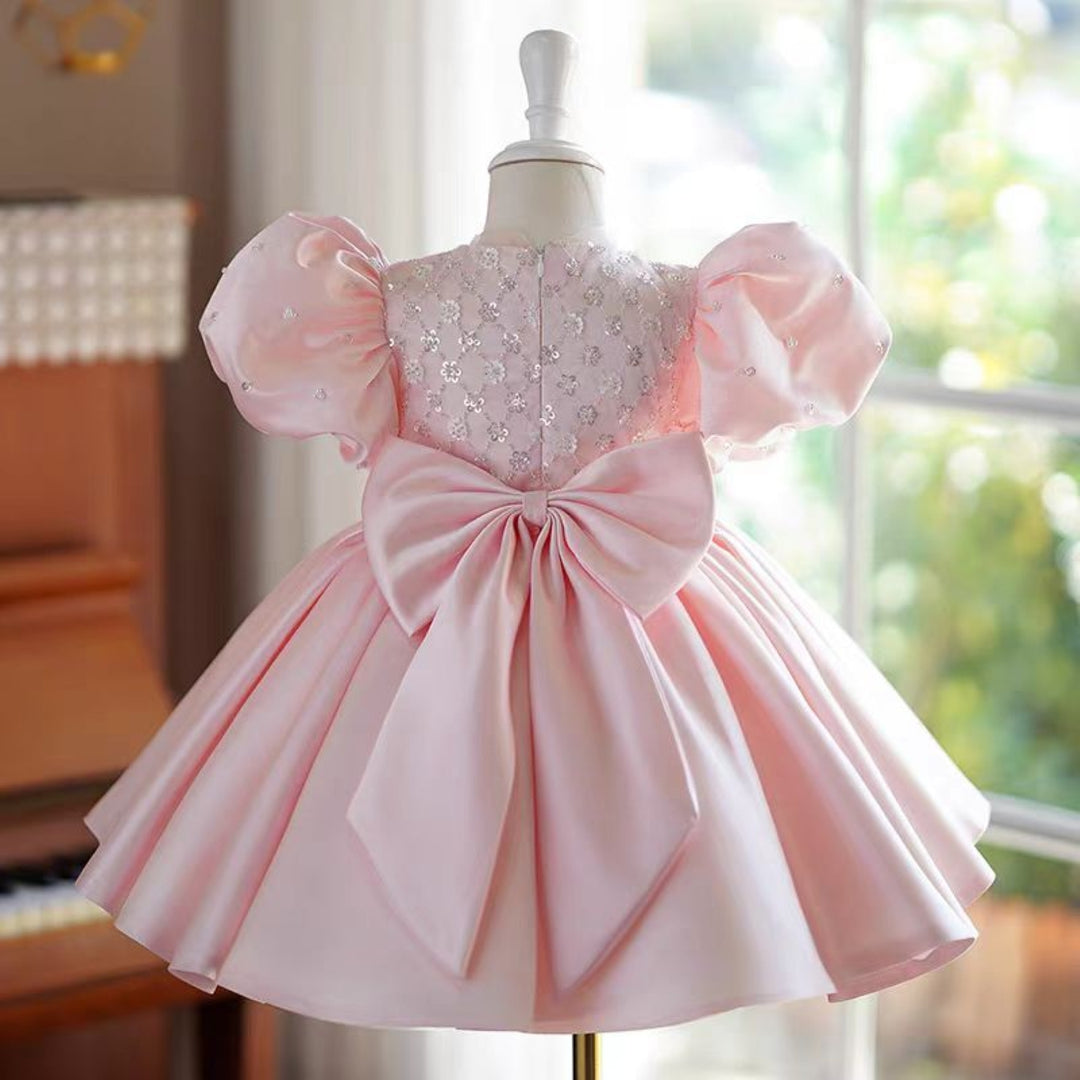 Elegant Pink Beaded Short Flower Girl Dress with Puff Sleeves J754