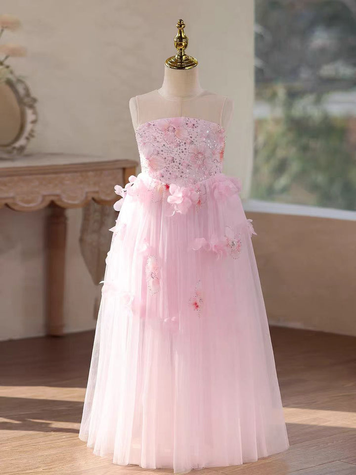 Elegant Pink Flower Girl Dress with 3D Floral Appliqués Princess Wedding Party Gown J610