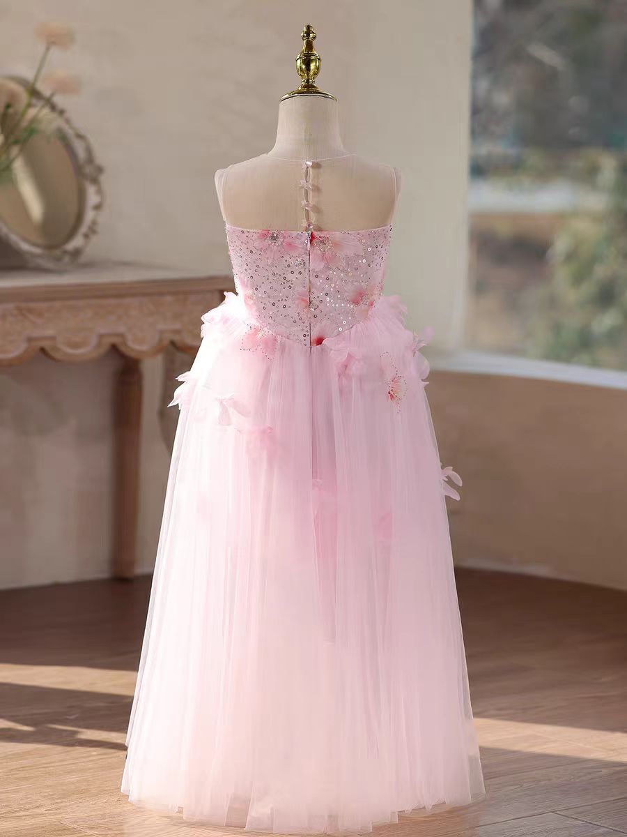 Elegant Pink Flower Girl Dress with 3D Floral Appliqués Princess Wedding Party Gown J610