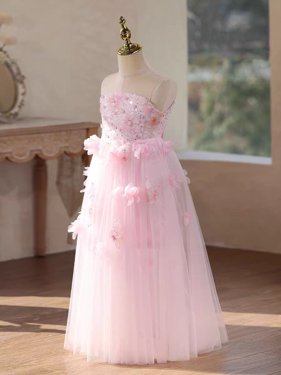 Elegant Pink Flower Girl Dress with 3D Floral Appliqués Princess Wedding Party Gown J610
