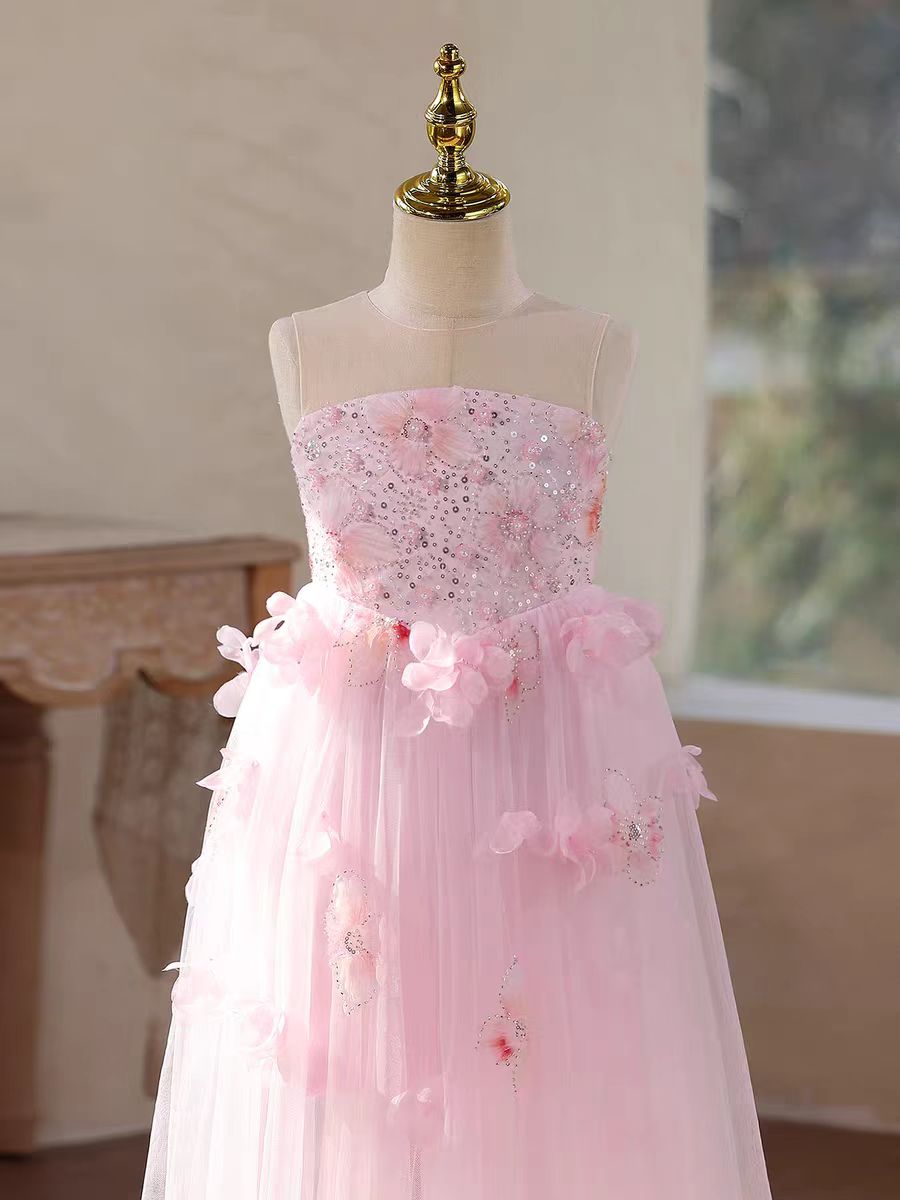 Elegant Pink Flower Girl Dress with 3D Floral Appliqués Princess Wedding Party Gown J610