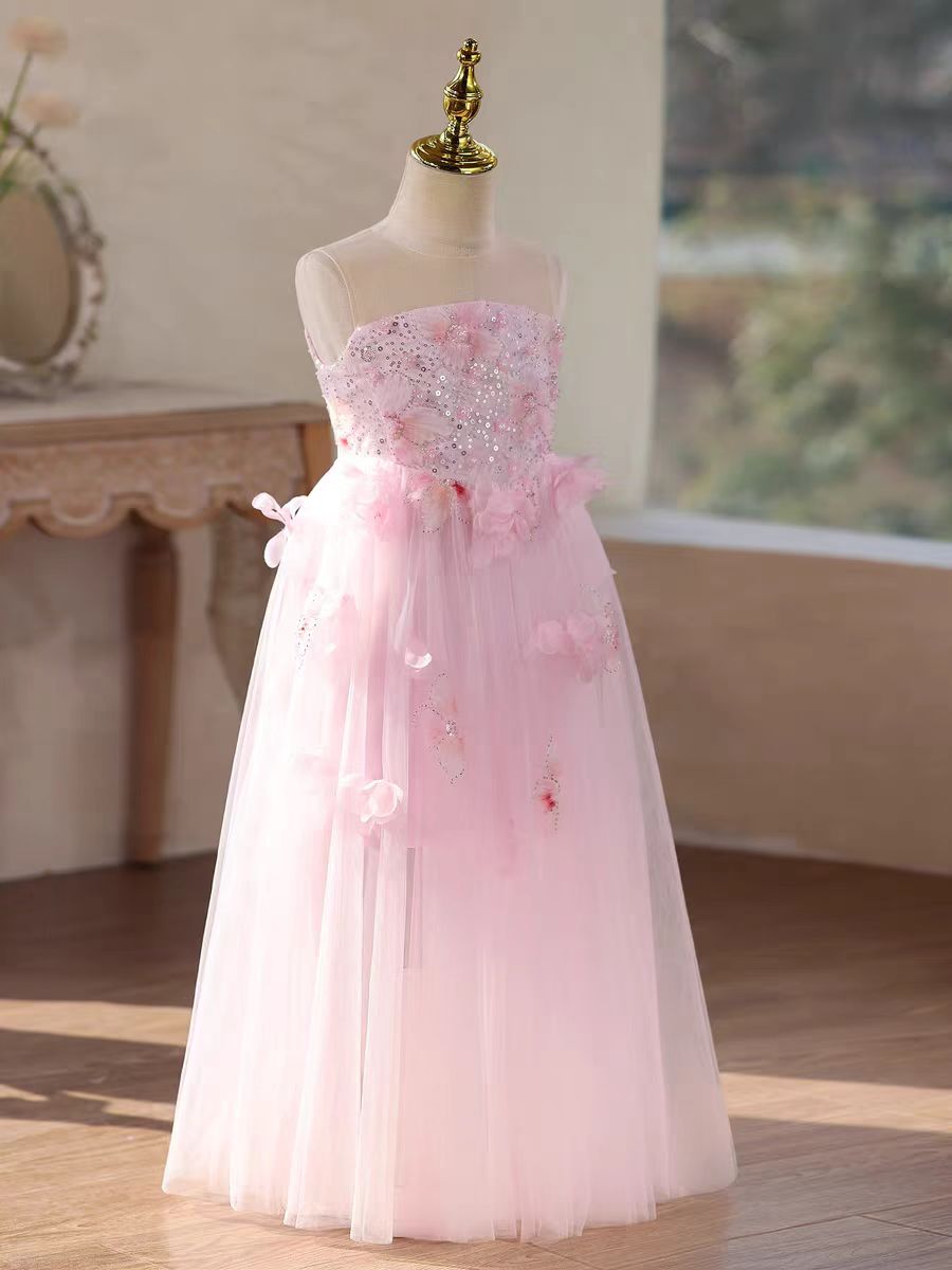 Elegant Pink Flower Girl Dress with 3D Floral Appliqués Princess Wedding Party Gown J610
