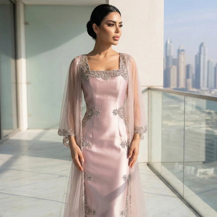 Elegant Pink Square Neck Evening Gown with Crystal Beading SS326