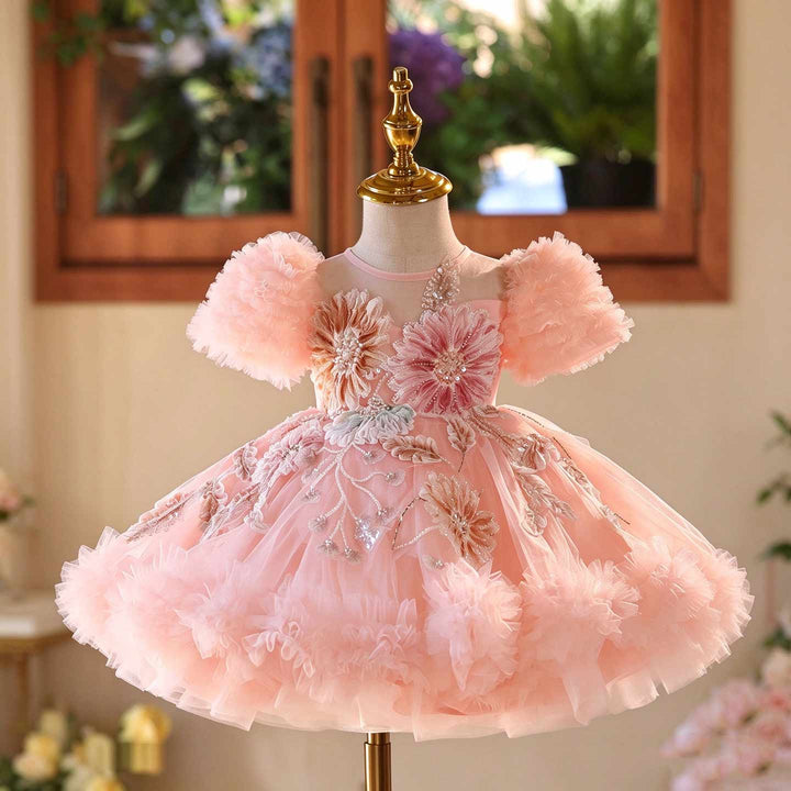 Pink 3D Floral Beaded Ruffle Sleeve Girls Formal Dress J523