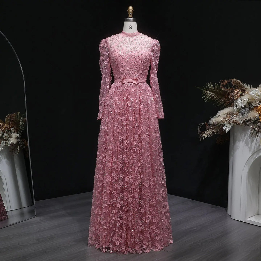 Romantic Pink 3D Floral Ruffled Evening Dress SS700