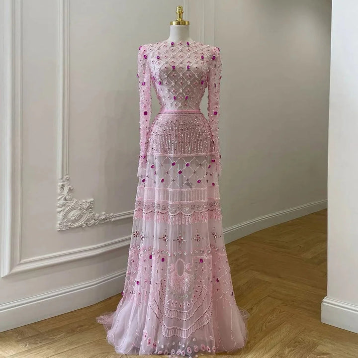 Elegant Pink Crystal Beaded Long Sleeve Evening Dress SS220