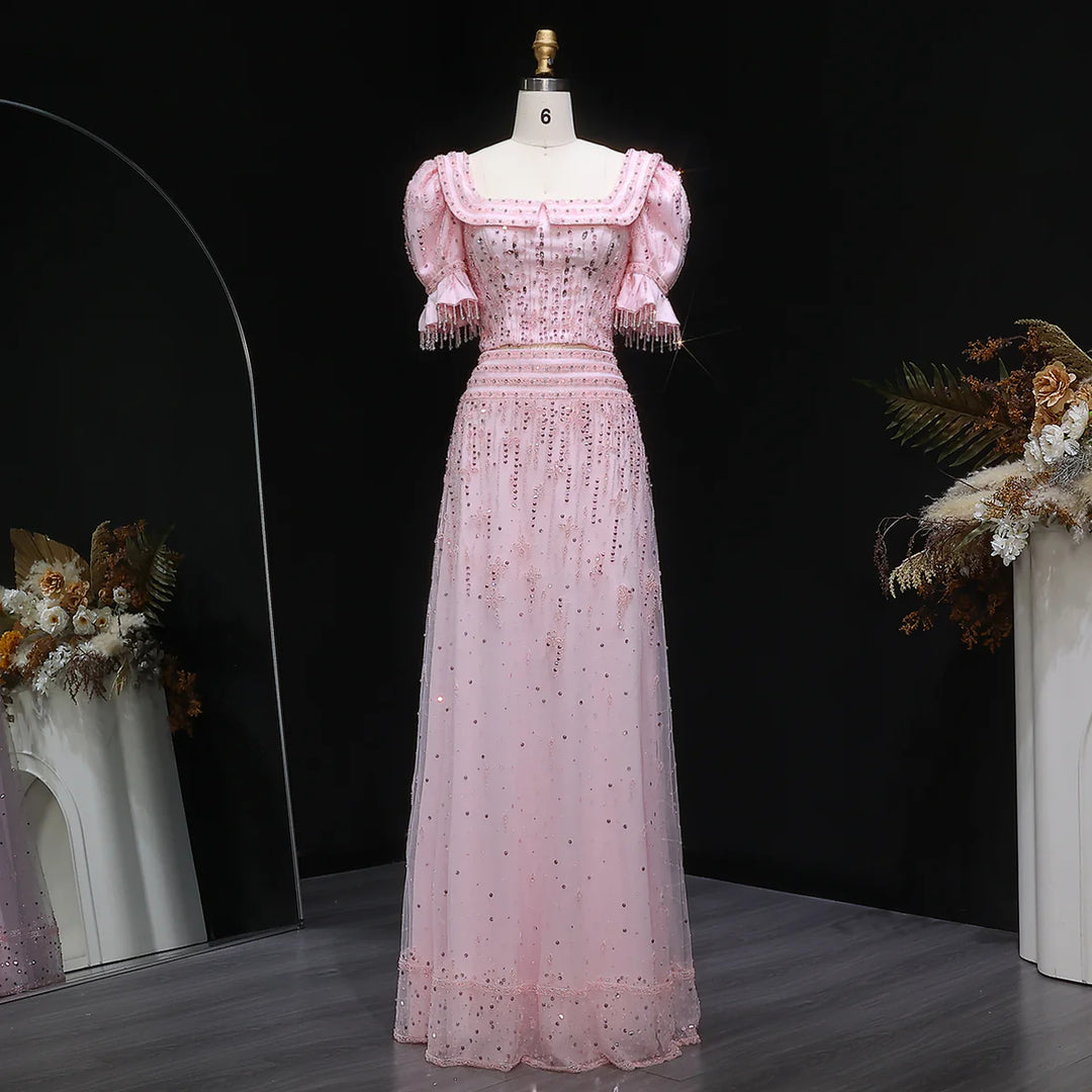 Elegant Pink Sequin Two Piece Evening Dress with Puff Sleeves SS548