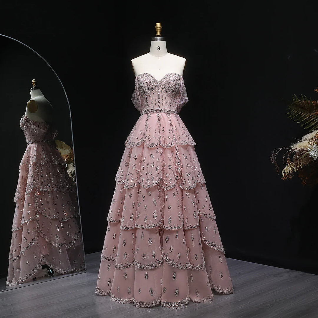 Glamorous Pink Strapless Sequin Layered Tulle Evening Dress SS612