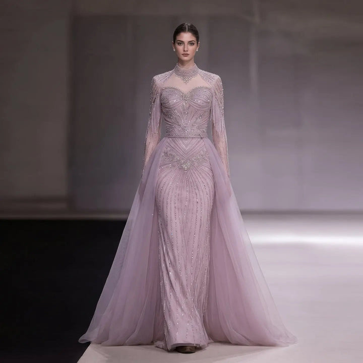 Dreamy Vow Beaded High Neck Evening Gown with Flowing Cape SS171
