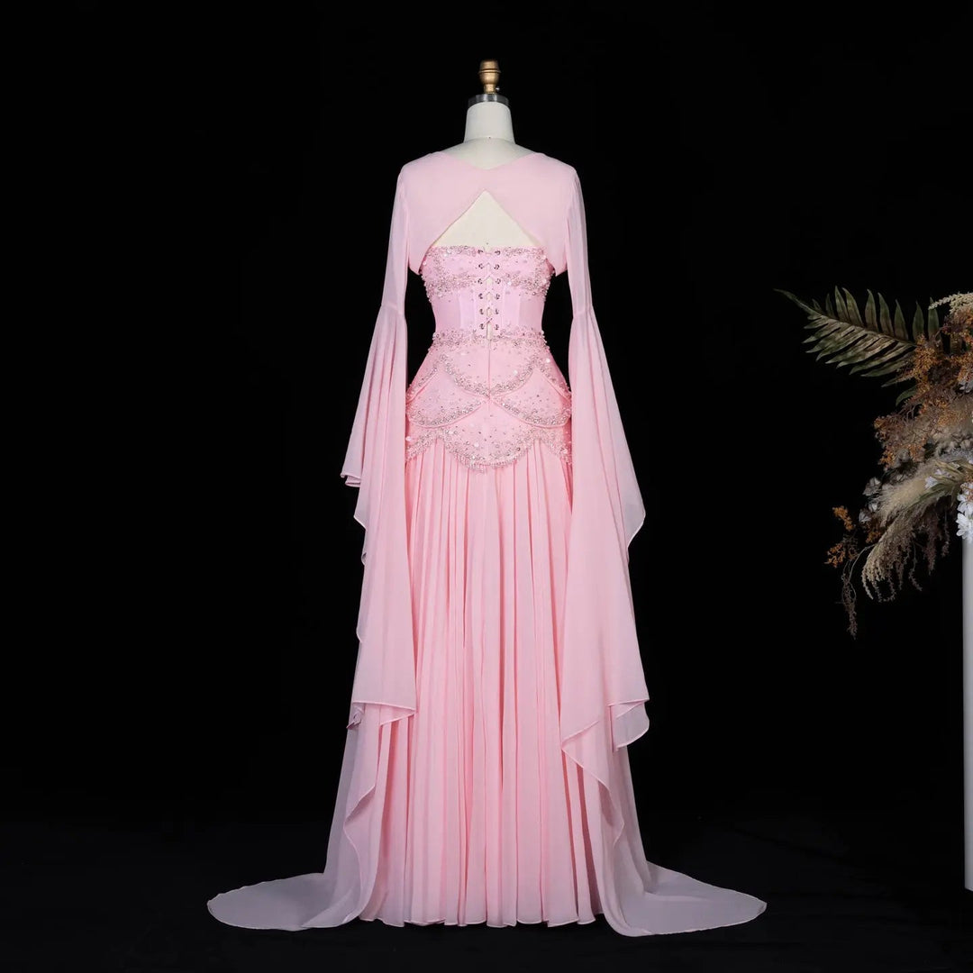 Luxury Pearls Tassel Blue Evening Dress with Flowing Coat SS286