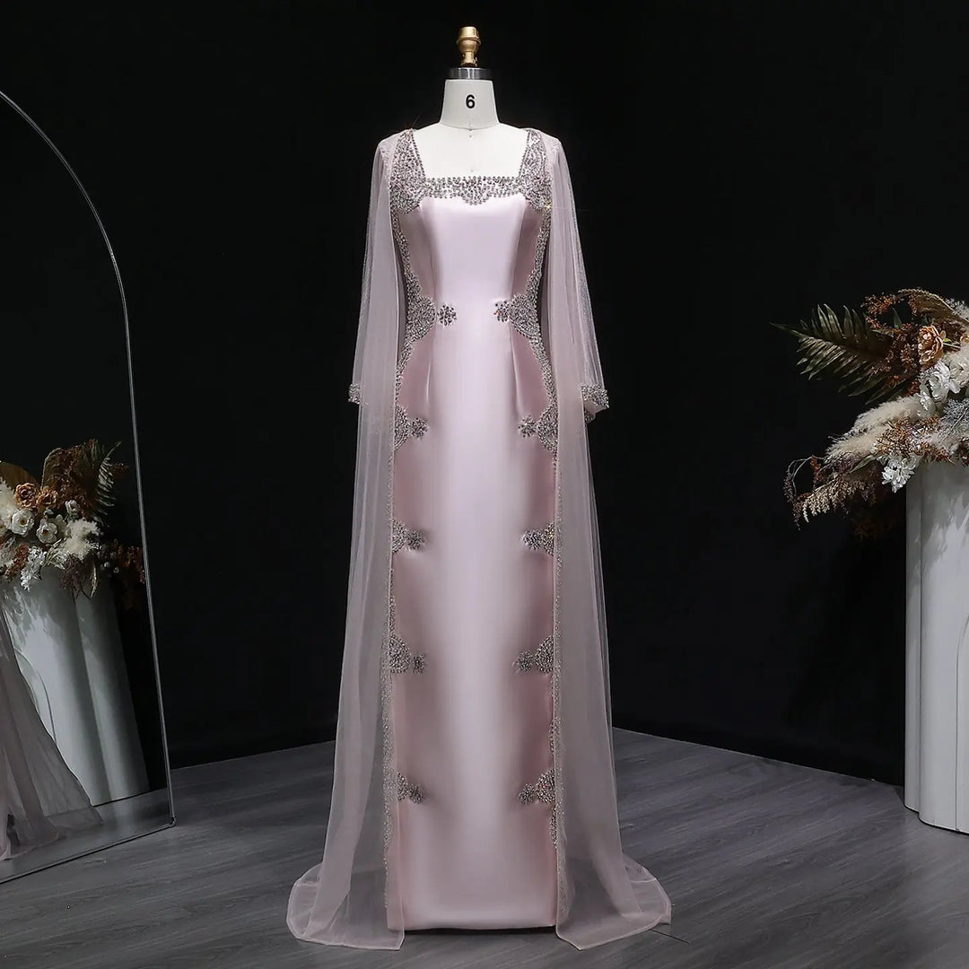 Elegant Pink Square Neck Evening Gown with Crystal Beading SS326