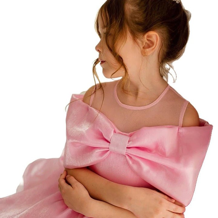 Pink Bow Cape Girls Party Dress with Ruffled Tulle Hem M088