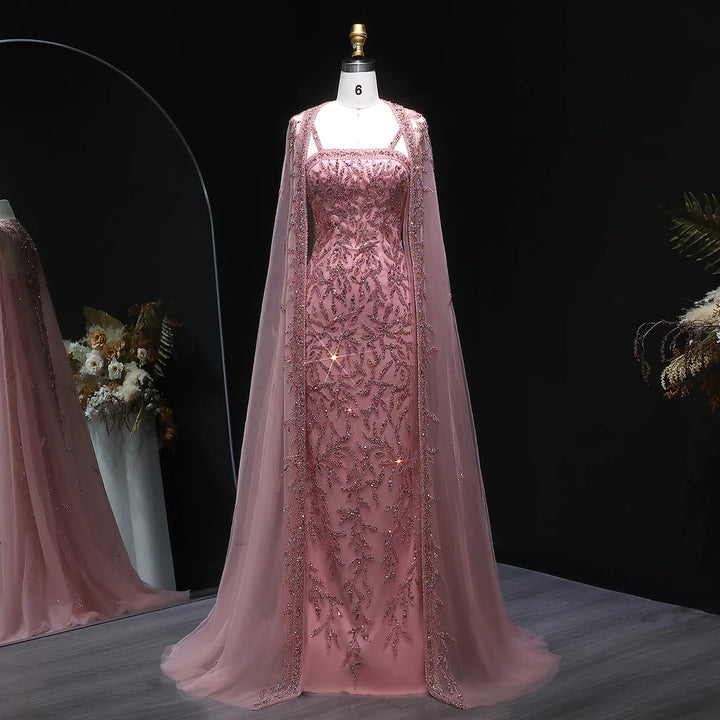 Luxury Beaded Evening Dress with Sheer Cape in Pink White SS393