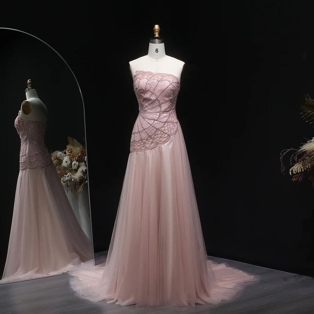 Elegant Pearl Beaded Pink Sequin Evening Gown SS287