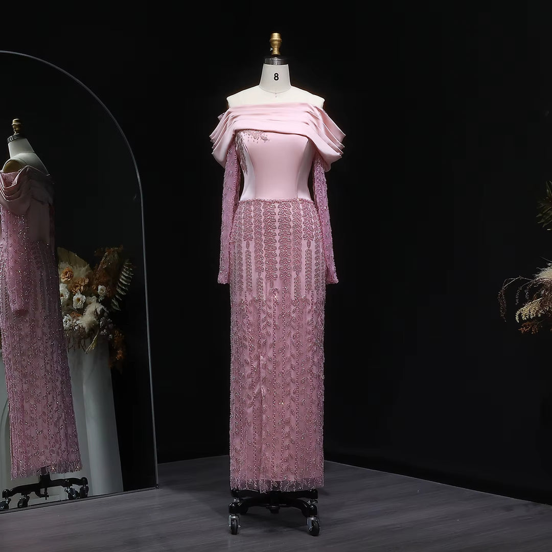 Elegant Off Shoulder Evening Dress with Long Sleeves SS695