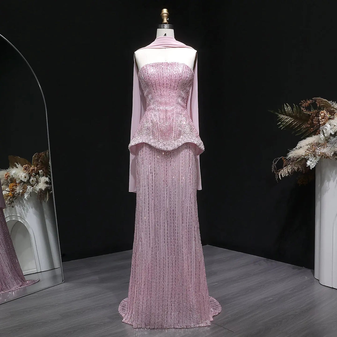 Luxury Orange Sparkle Strapless Peplum Pageant Evening Dress with Scarf SS560