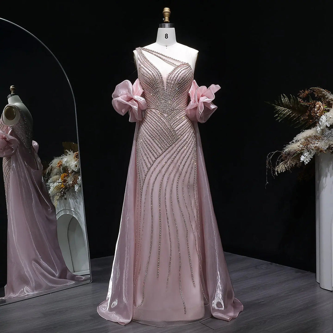 Elegent Blue Beaded One-Shoulder Evening Dress with Flowing Cape SS016