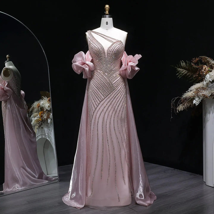 Elegent Blue Beaded One-Shoulder Evening Dress with Flowing Cape SS016