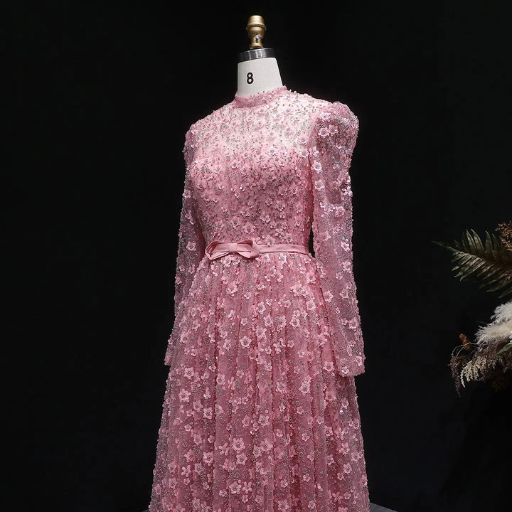 Romantic Pink 3D Floral Ruffled Evening Dress SS700