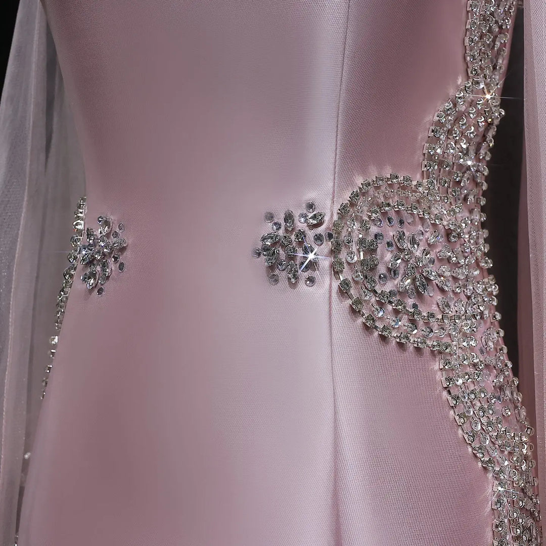 Elegant Pink Square Neck Evening Gown with Crystal Beading SS326