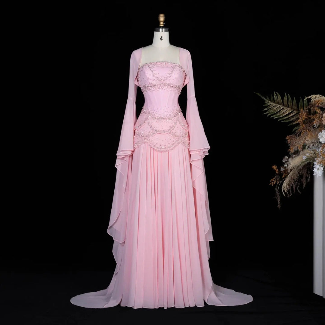 Luxury Pearls Tassel Blue Evening Dress with Flowing Coat SS286