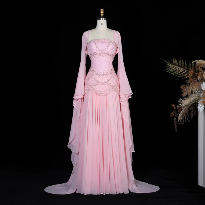 Luxury Pearls Tassel Blue Evening Dress with Flowing Coat SS286