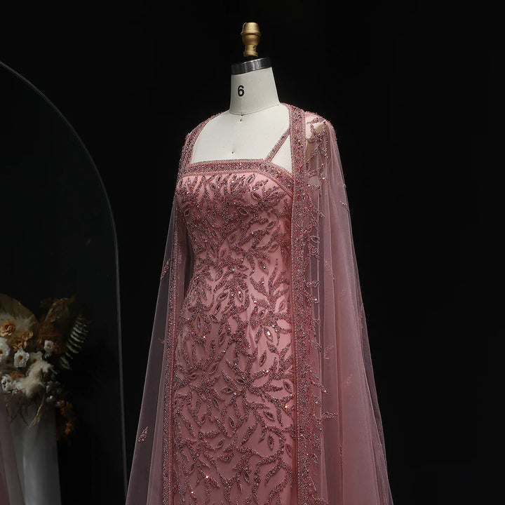 Luxury Beaded Evening Dress with Sheer Cape in Pink White SS393