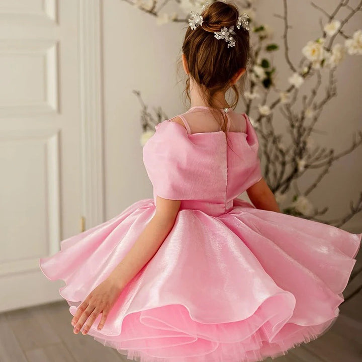Pink Bow Cape Girls Party Dress with Ruffled Tulle Hem M088