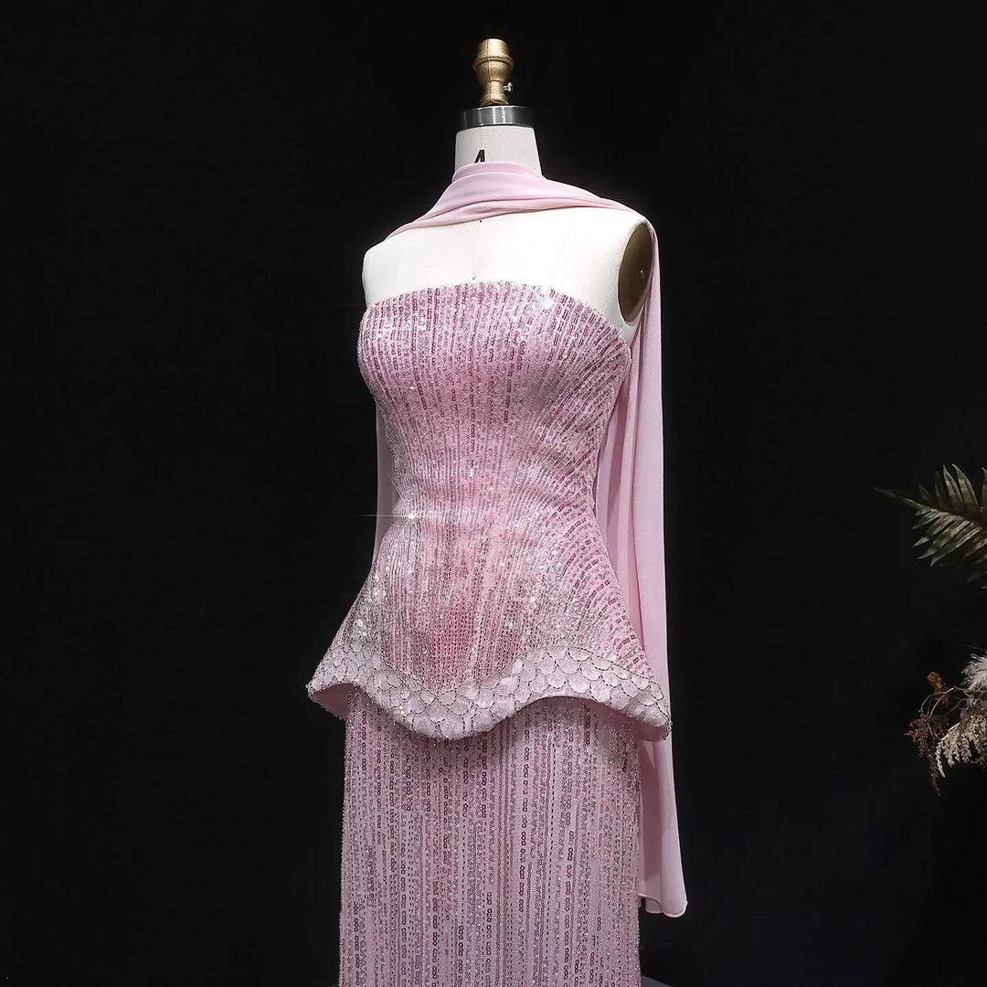 Luxury Orange Sparkle Strapless Peplum Pageant Evening Dress with Scarf SS560