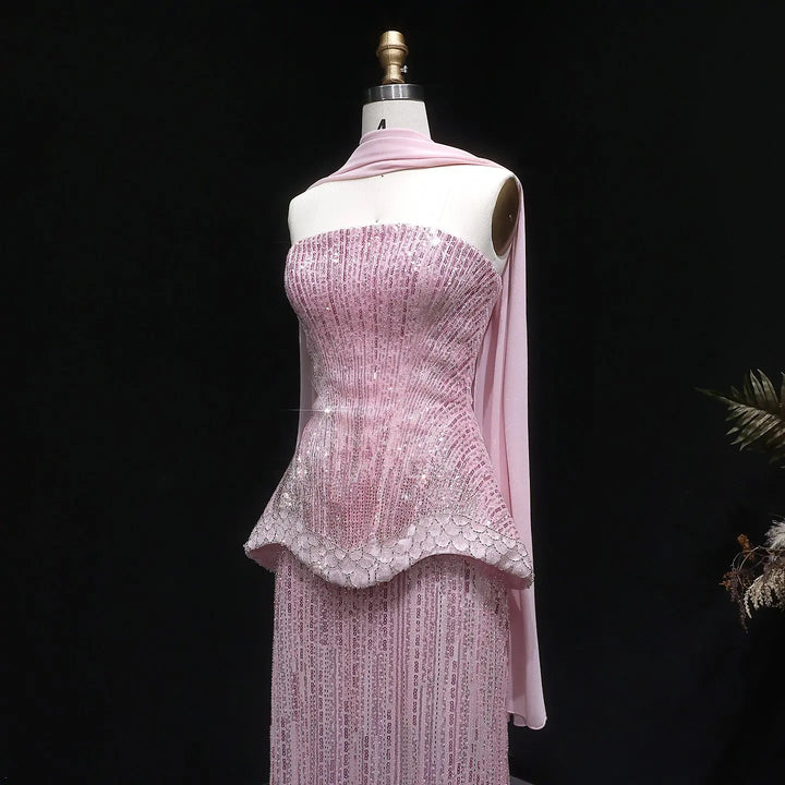 Luxury Orange Sparkle Strapless Peplum Pageant Evening Dress with Scarf SS560