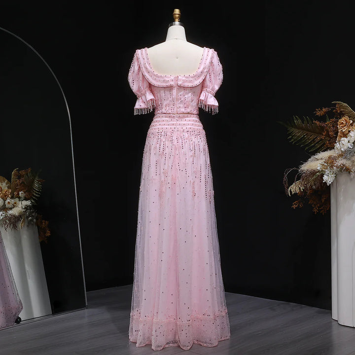 Elegant Pink Sequin Two Piece Evening Dress with Puff Sleeves SS548