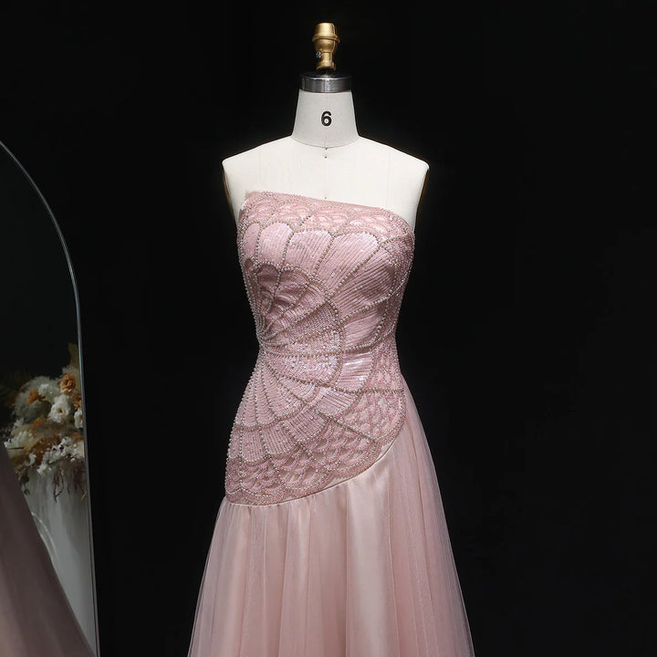 Elegant Pearl Beaded Pink Sequin Evening Gown SS287