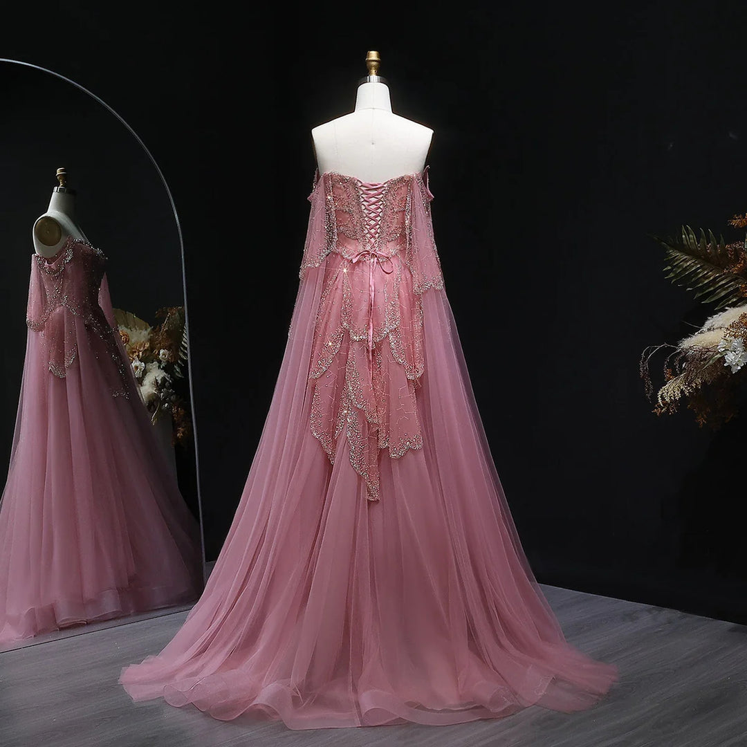 Elegant Off Shoulder Sage Green Evening Dress with Cape Sleeves SS215