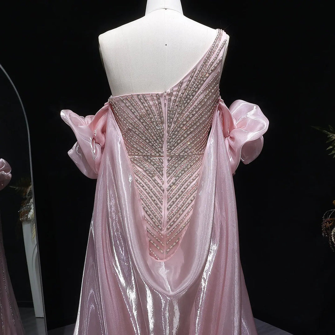 Elegent Blue Beaded One-Shoulder Evening Dress with Flowing Cape SS016