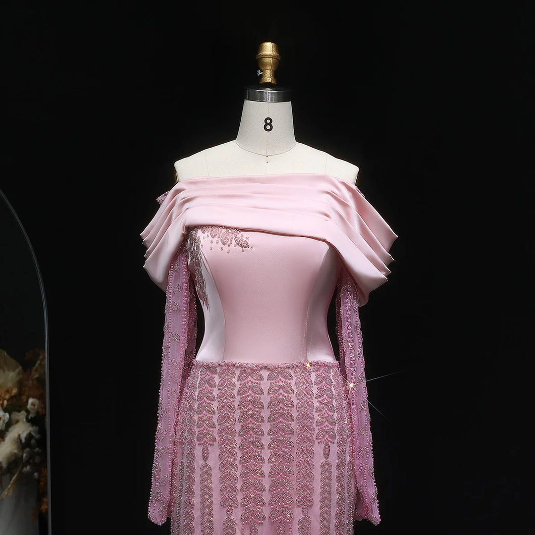 Elegant Off Shoulder Evening Dress with Long Sleeves SS695