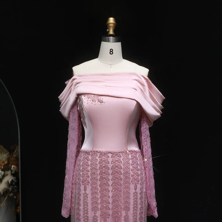 Elegant Off Shoulder Evening Dress with Long Sleeves SS695