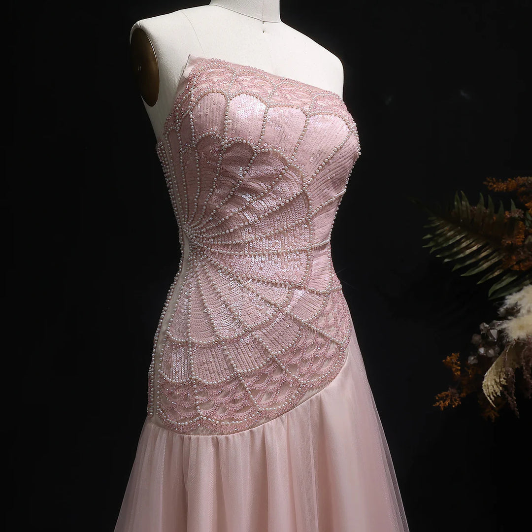 Elegant Pearl Beaded Pink Sequin Evening Gown SS287