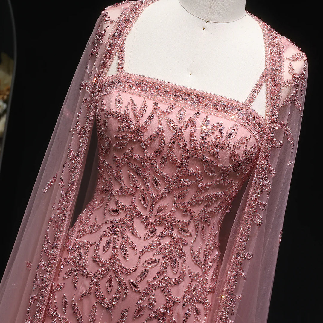 Luxury Beaded Evening Dress with Sheer Cape in Pink White SS393