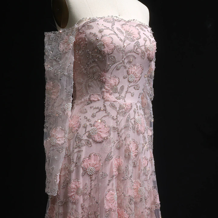 Luxury Pink Beaded Embroidered Long Sleeve Evening Dress SS638