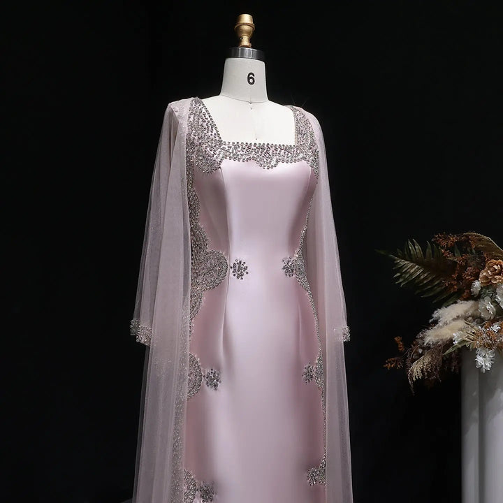 Elegant Pink Square Neck Evening Gown with Crystal Beading SS326